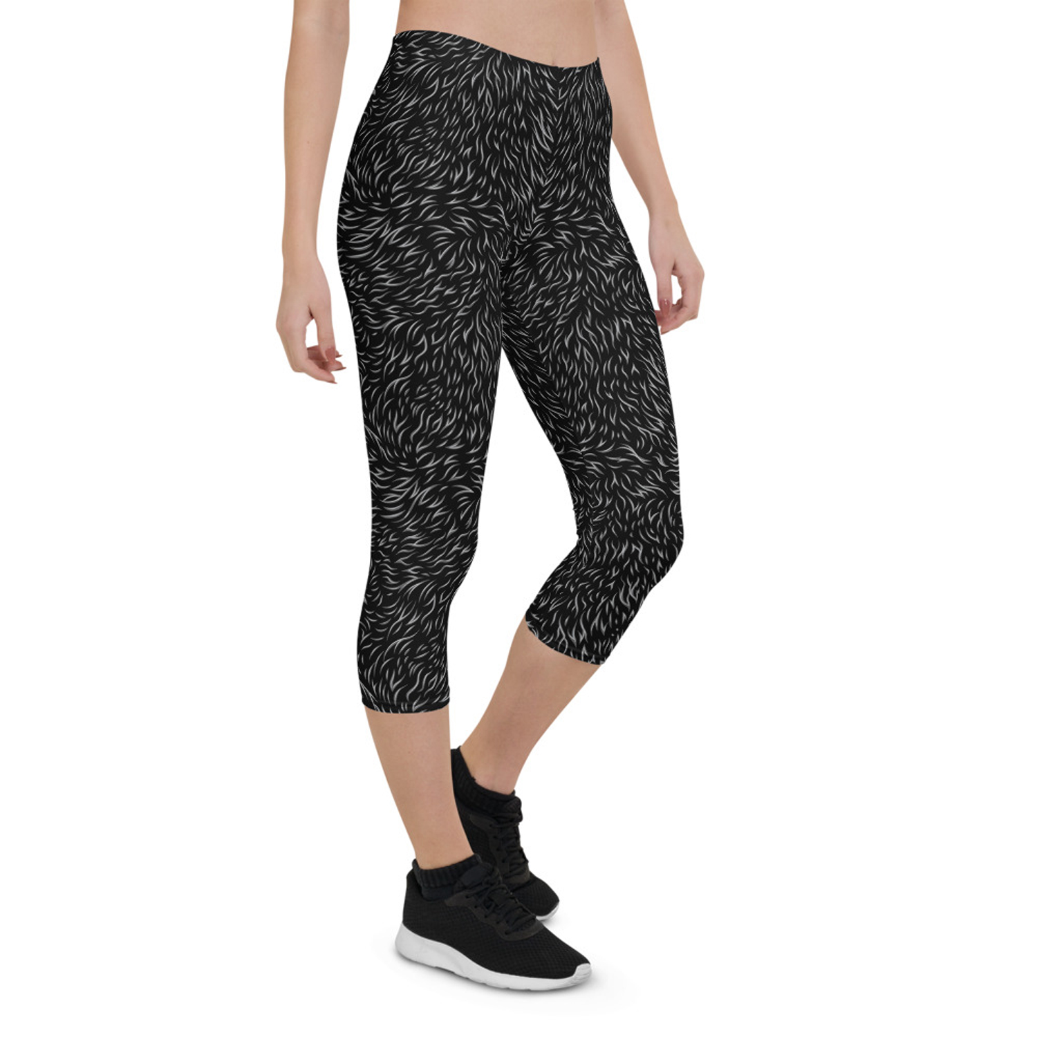 Black Bear Fur Capri Leggings for Women featuring unique graphic design, perfect for workouts and casual wear.