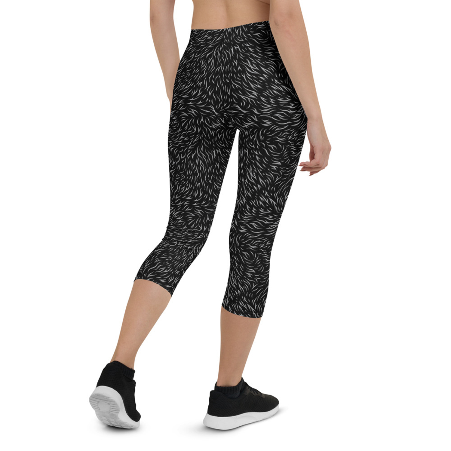 Black Bear Fur Capri Leggings for Women featuring unique graphic design, perfect for workouts and casual wear.