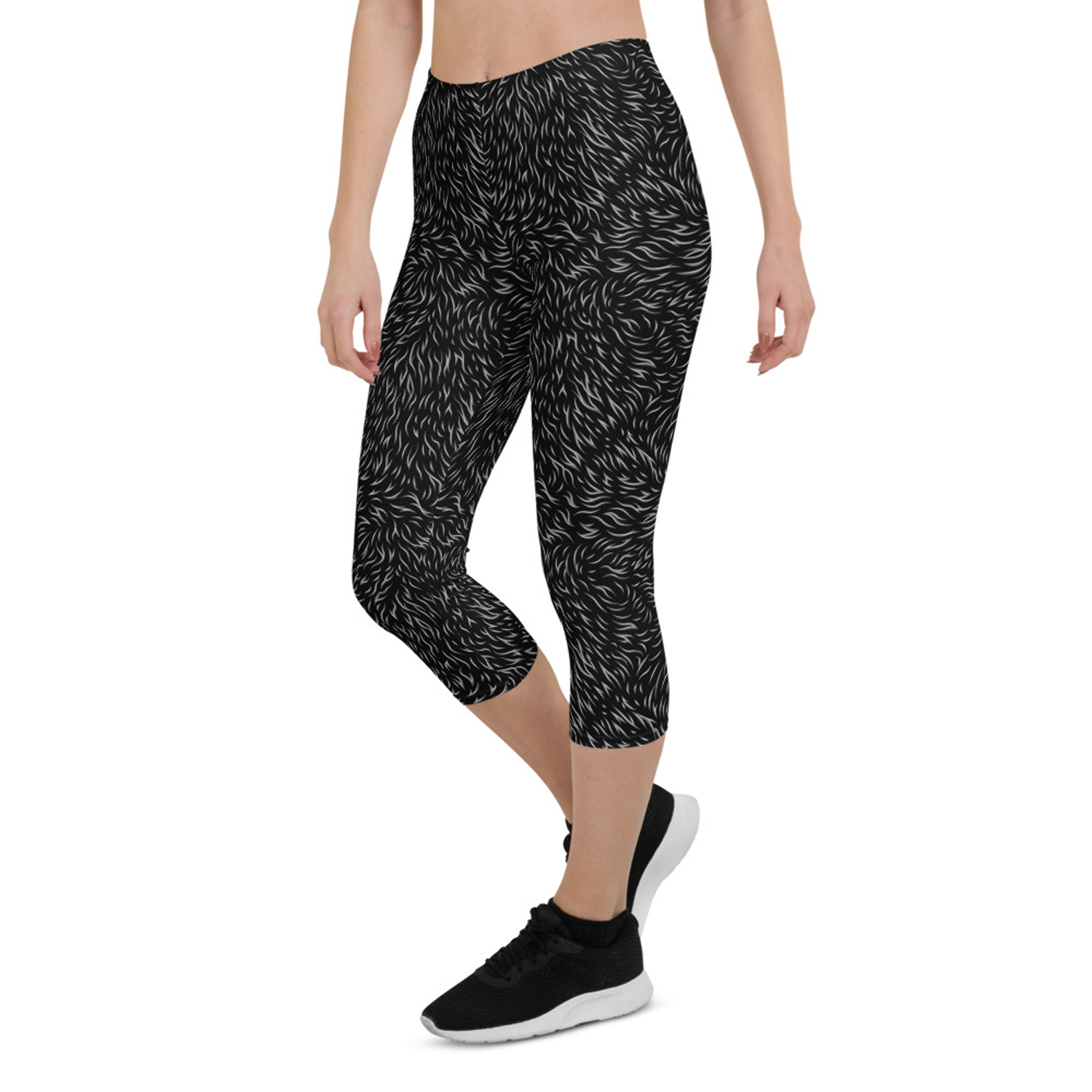 Black Bear Fur Capri Leggings for Women featuring unique graphic design, perfect for workouts and casual wear.