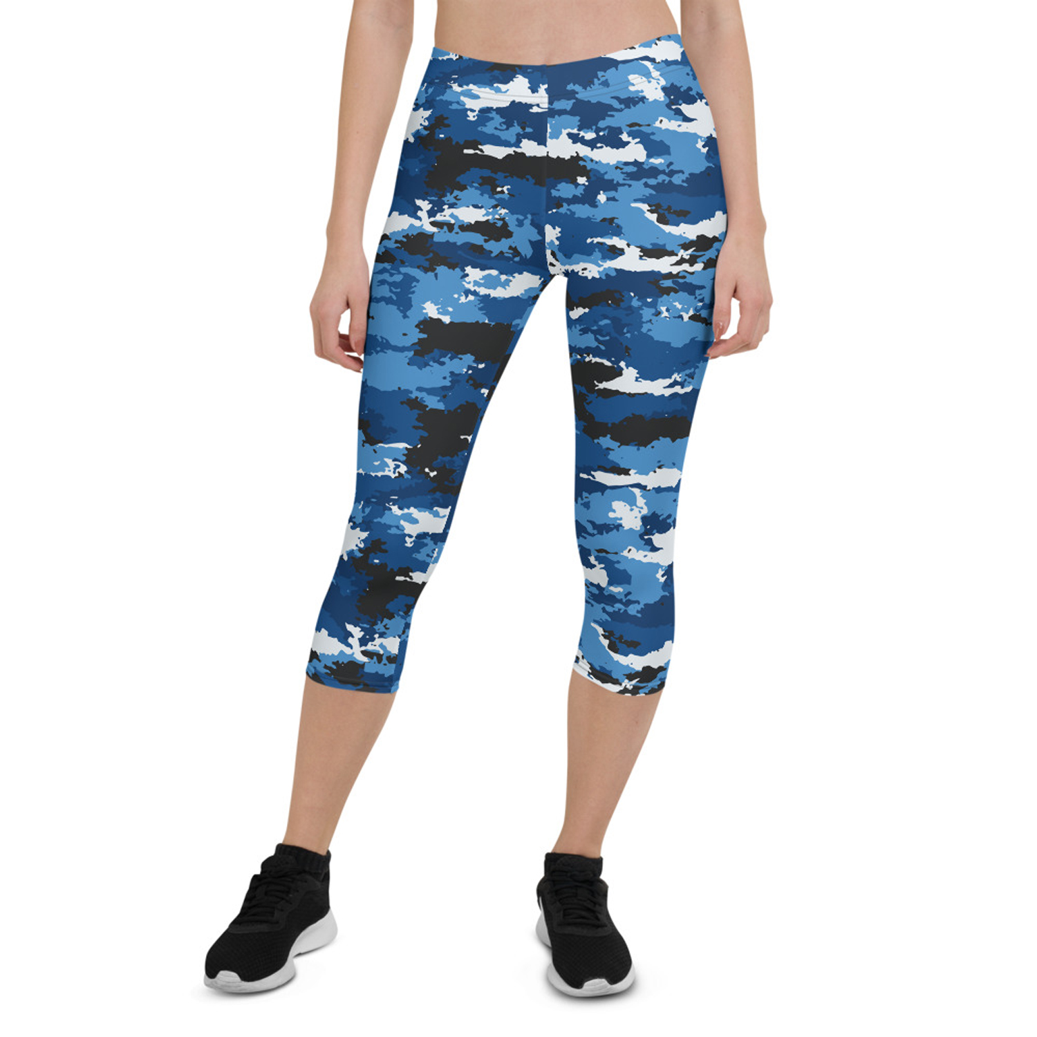 Blue Camo Sports Capri Leggings featuring a vibrant camo pattern, designed for women's activewear with a snug fit and four-way stretch.