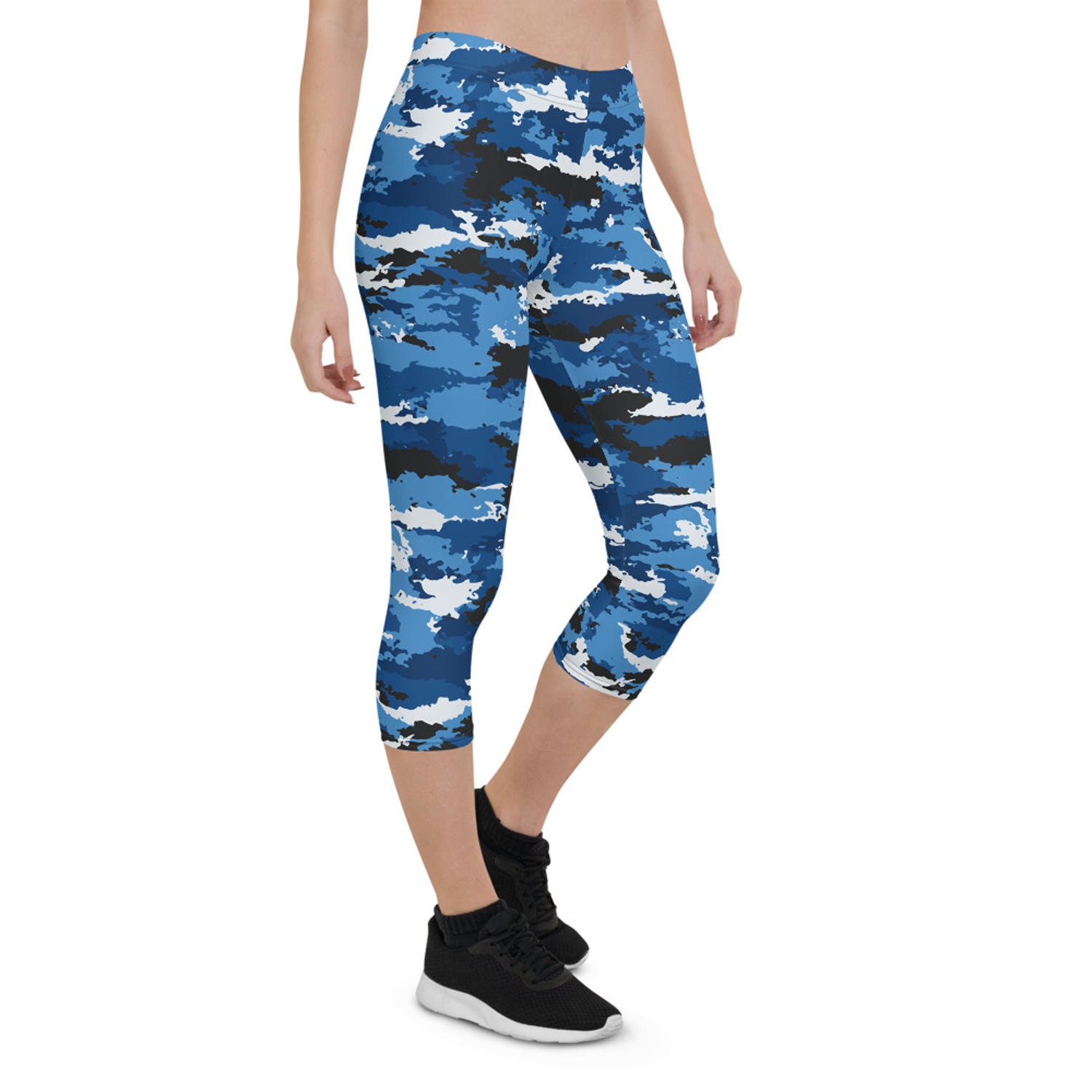 Blue Camo Sports Capri Leggings featuring a vibrant camo pattern, designed for women's activewear with a snug fit and four-way stretch.