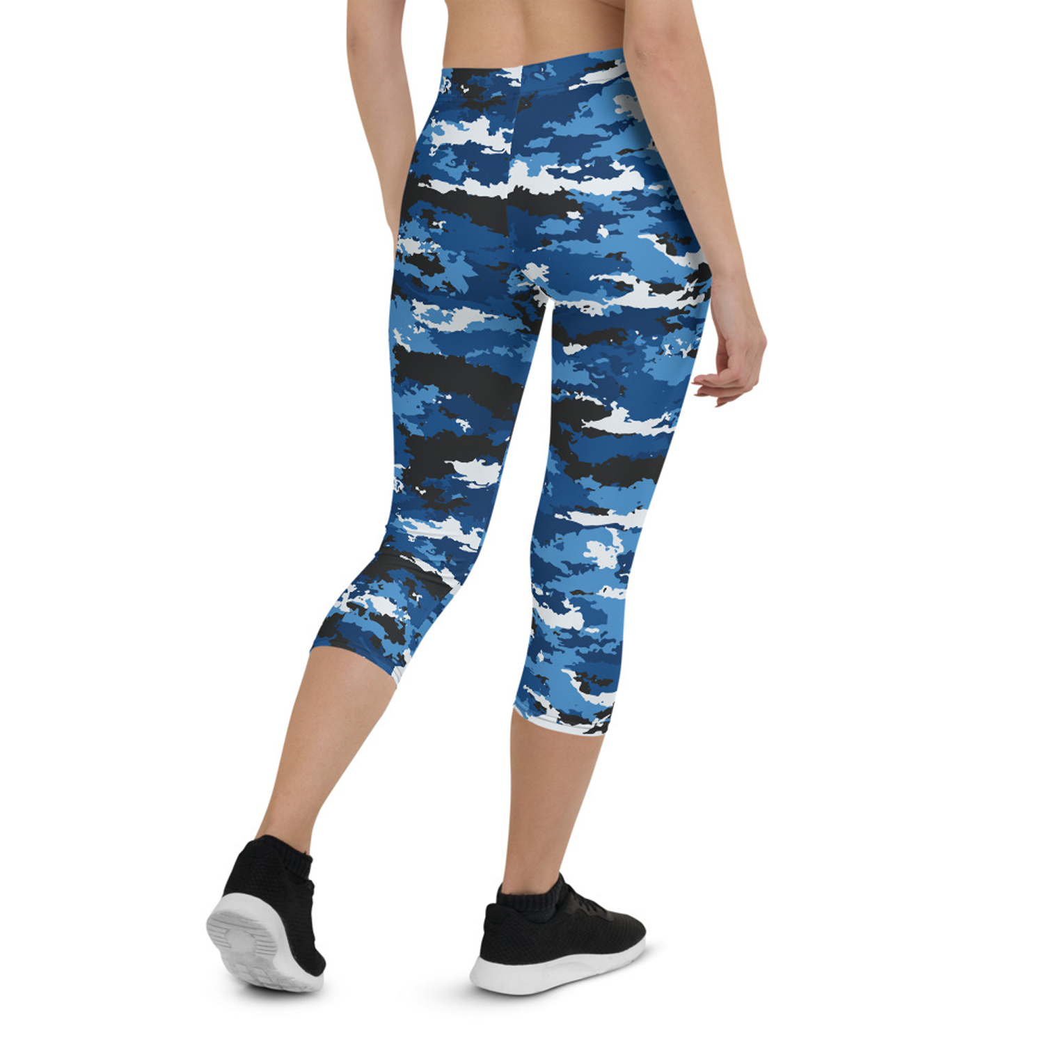 Blue Camo Sports Capri Leggings featuring a vibrant camo pattern, designed for women's activewear with a snug fit and four-way stretch.