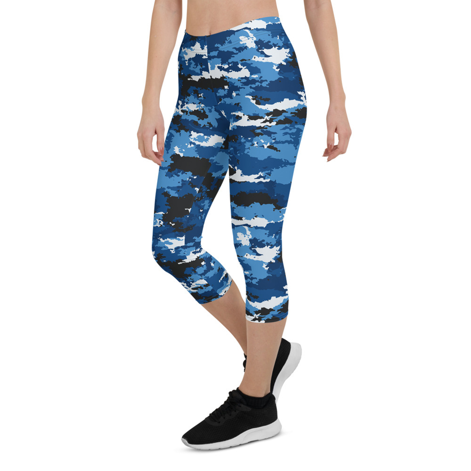 Blue Camo Sports Capri Leggings featuring a vibrant camo pattern, designed for women's activewear with a snug fit and four-way stretch.