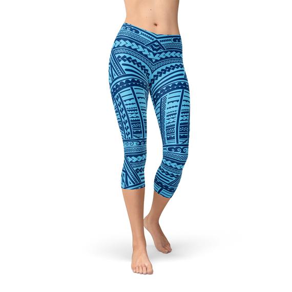 Blue Maori Capri Leggings featuring vibrant graphic designs and a comfortable fit, perfect for workouts and casual wear.