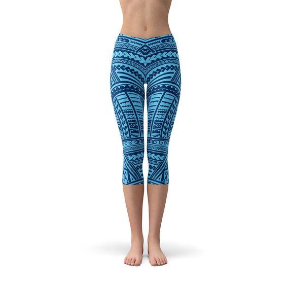 Blue Maori Capri Leggings featuring vibrant graphic designs and a comfortable fit, perfect for workouts and casual wear.