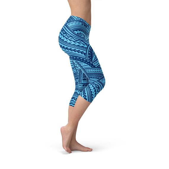 Blue Maori Capri Leggings featuring vibrant graphic designs and a comfortable fit, perfect for workouts and casual wear.