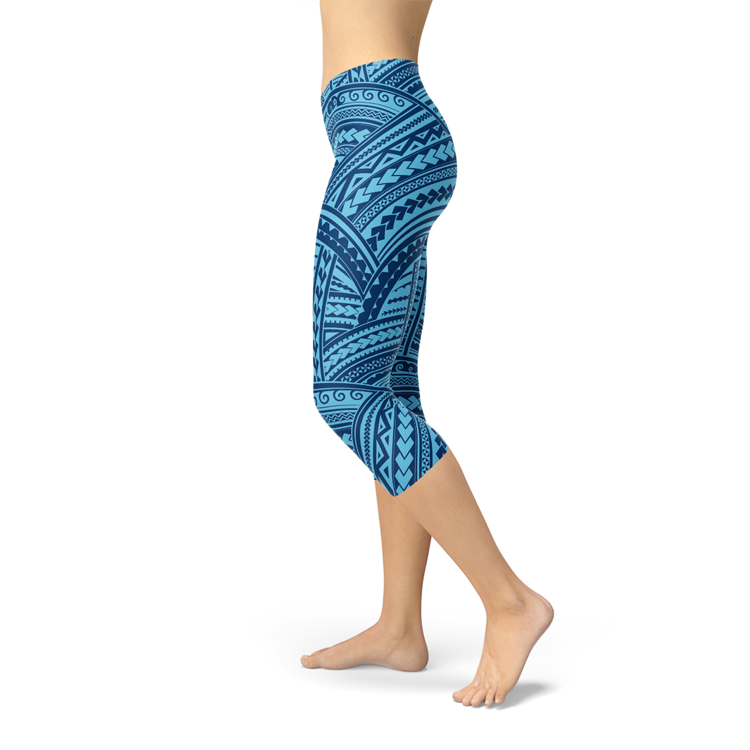 Blue Maori Capri Leggings featuring vibrant graphic designs and a comfortable fit, perfect for workouts and casual wear.