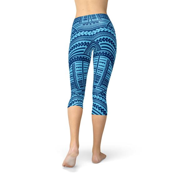 Blue Maori Capri Leggings featuring vibrant graphic designs and a comfortable fit, perfect for workouts and casual wear.