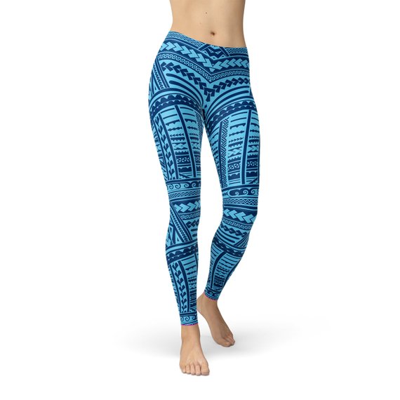 A pair of Blue Maori Leggings featuring vibrant, unique graphic designs, showcasing their full-length style and high-performance fabric.