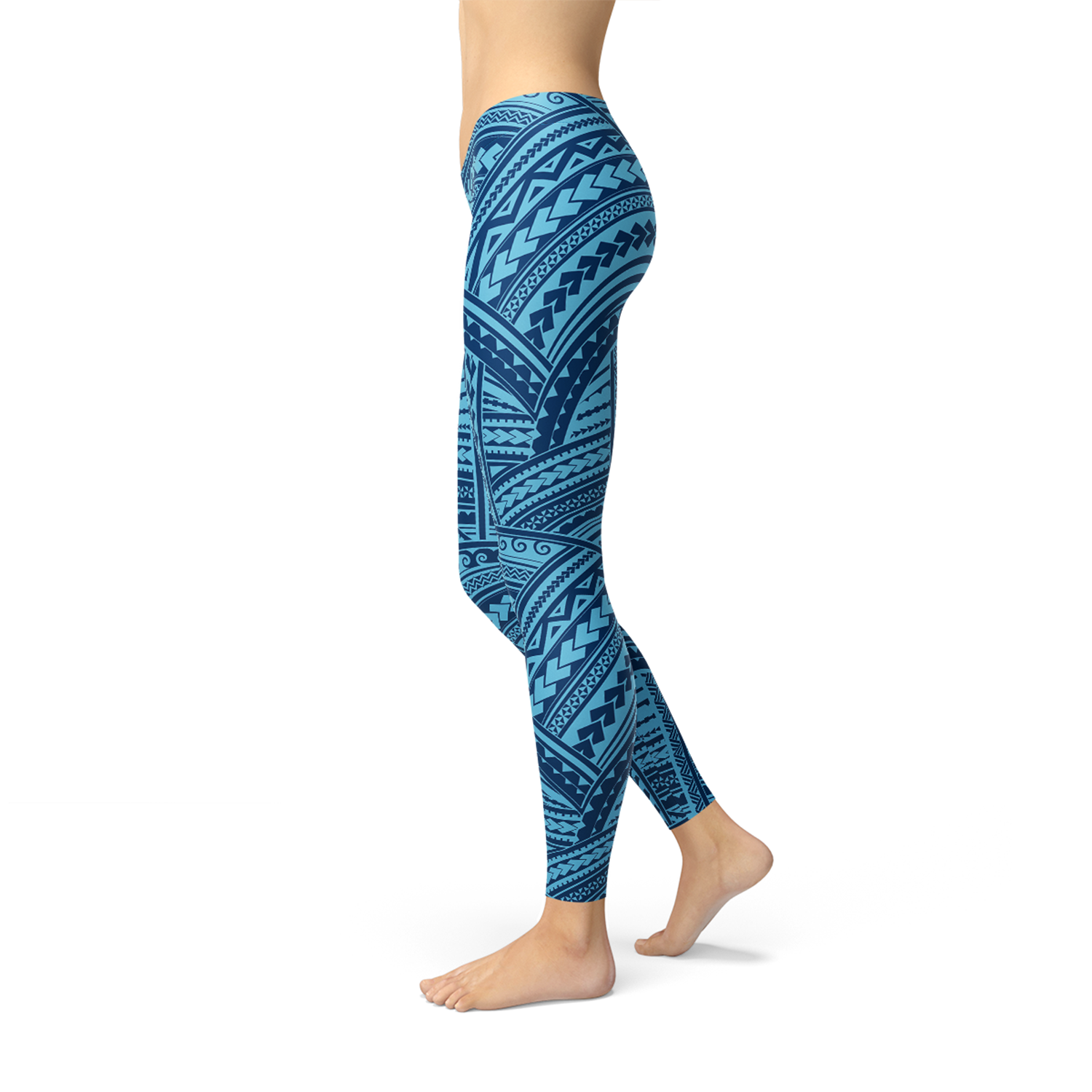 A pair of Blue Maori Leggings featuring vibrant, unique graphic designs, showcasing their full-length style and high-performance fabric.