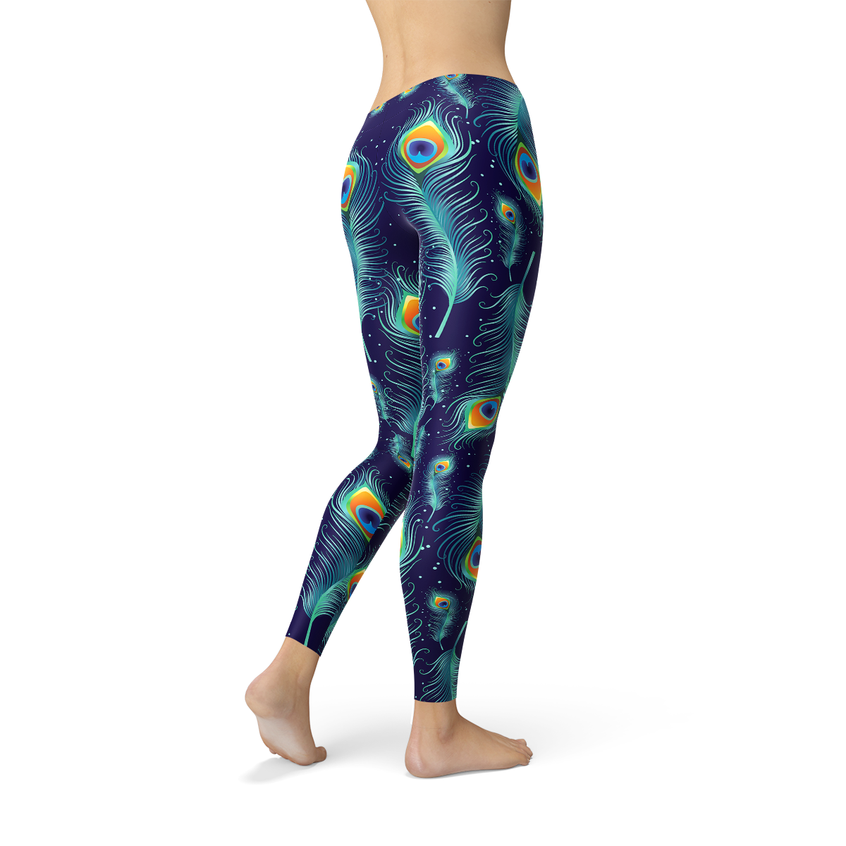 A pair of stylish blue leggings featuring a vibrant peacock feather design, perfect for workouts and casual wear.