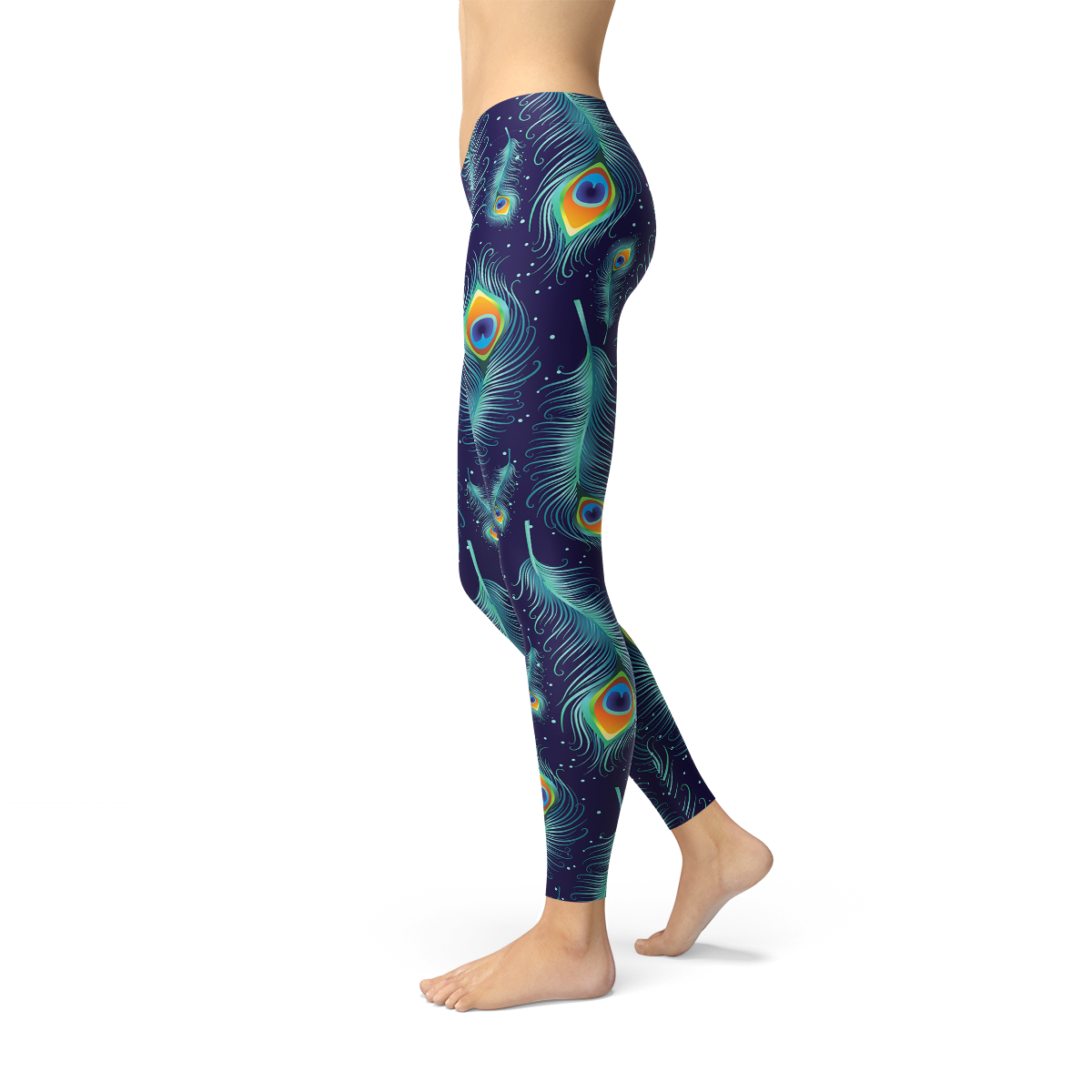 A pair of stylish blue leggings featuring a vibrant peacock feather design, perfect for workouts and casual wear.