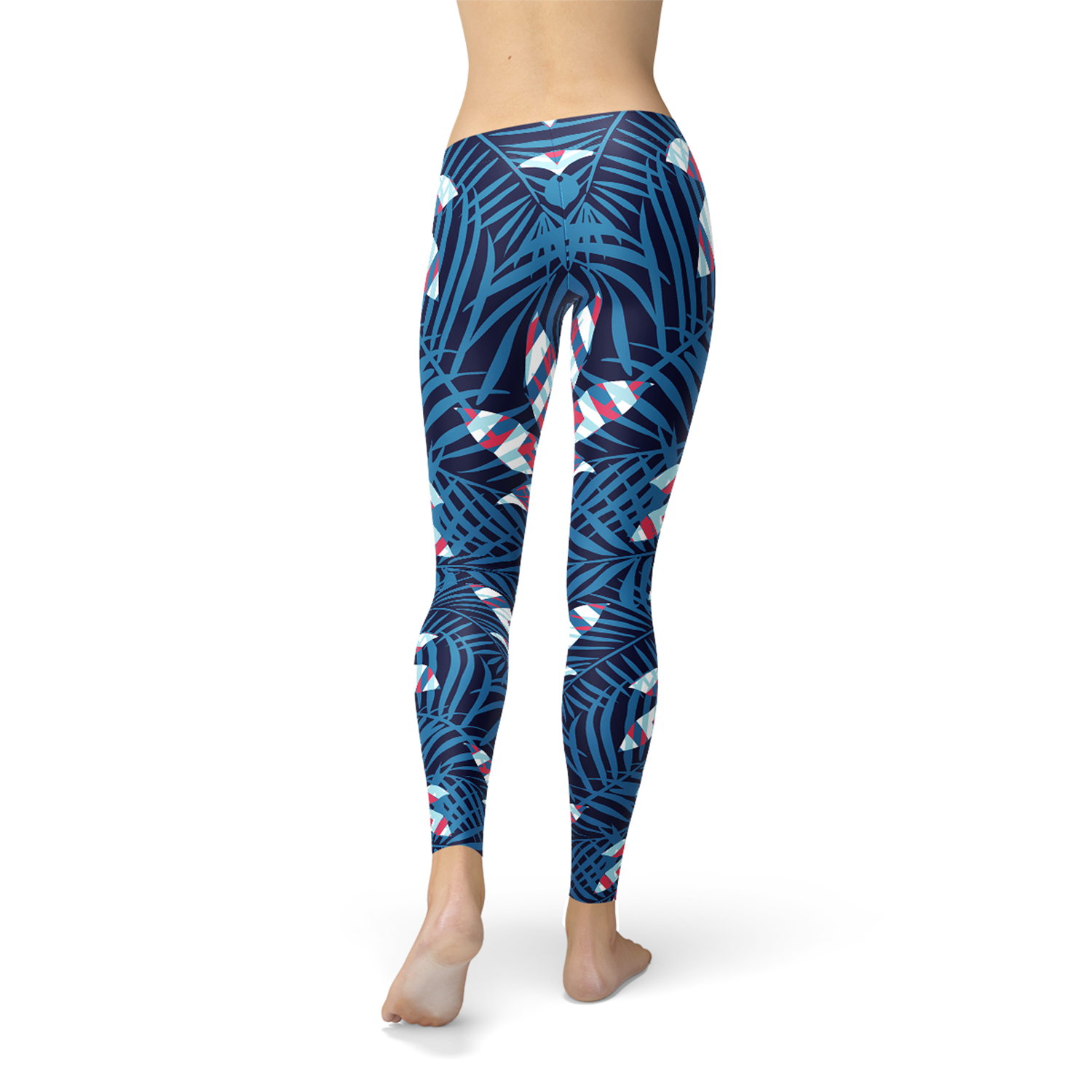 A pair of women's blue tropical leaf leggings featuring a vibrant design, perfect for workouts and casual wear.