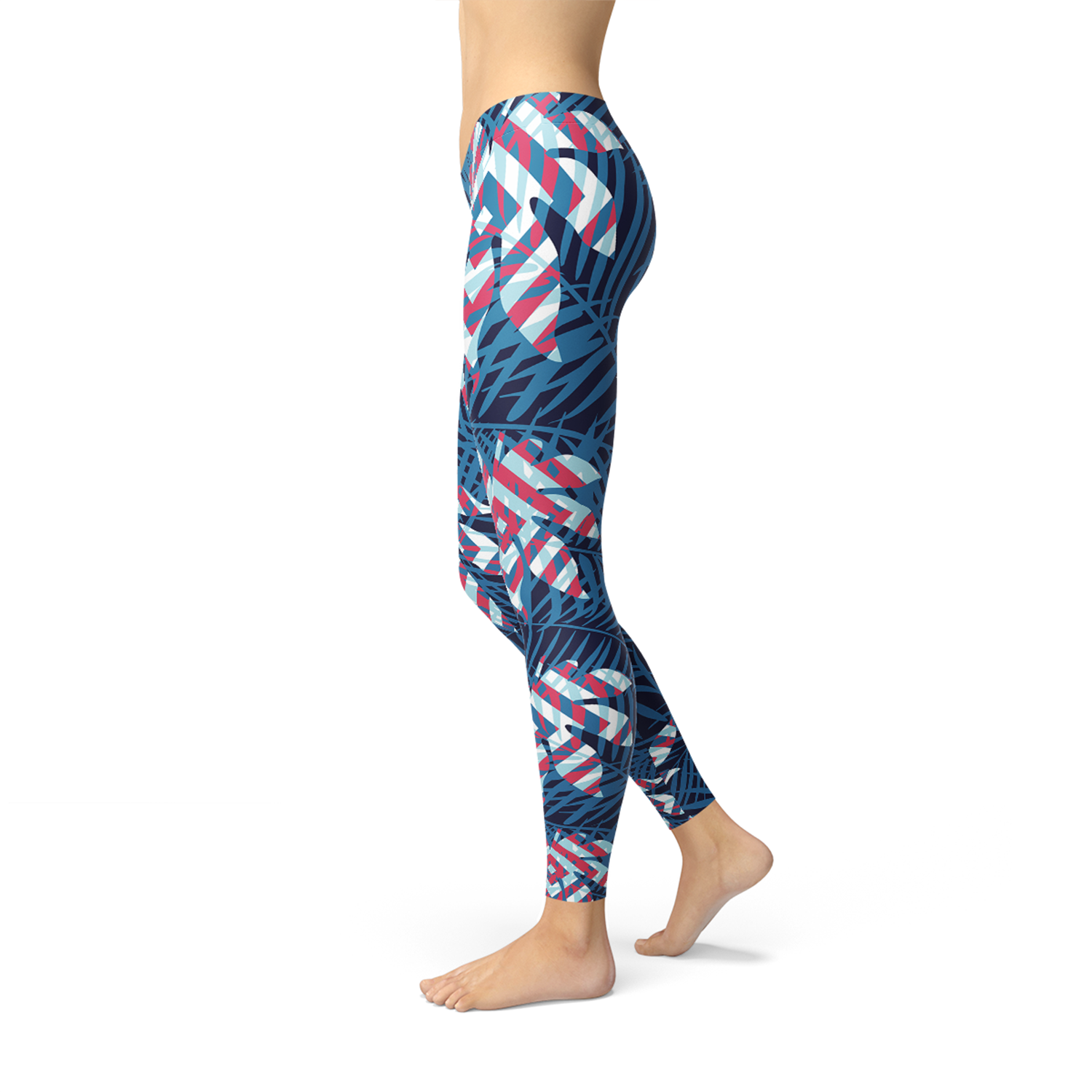 A pair of women's blue tropical leaf leggings featuring a vibrant design, perfect for workouts and casual wear.