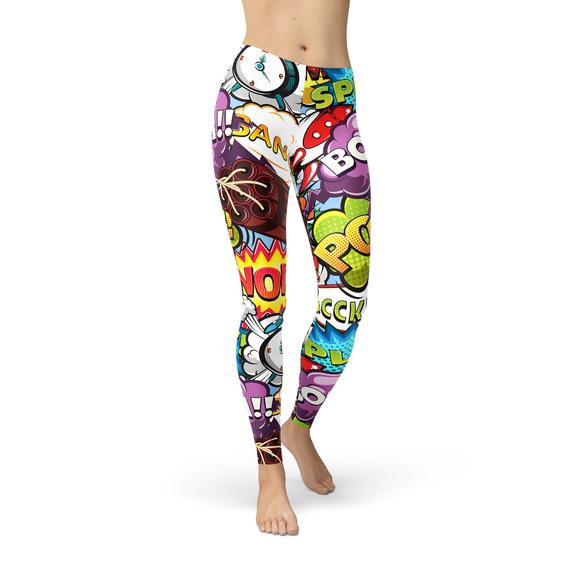 A pair of women's leggings featuring a vibrant comic book explosion design, showcasing their unique style and comfort.