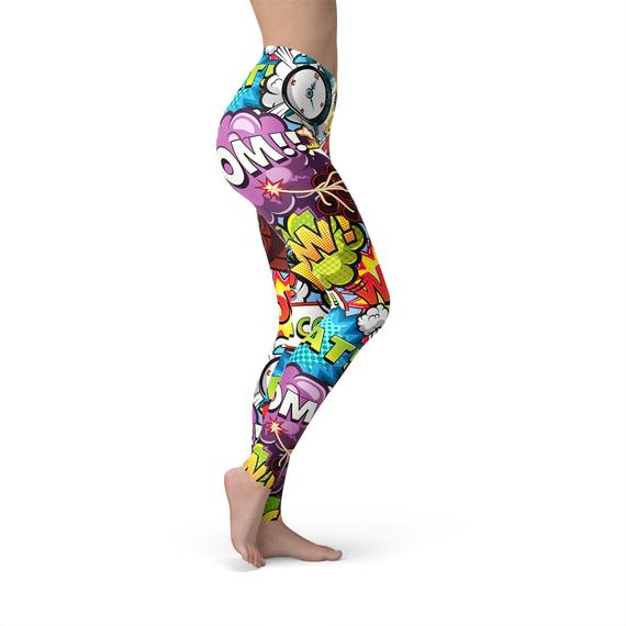 A pair of women's leggings featuring a vibrant comic book explosion design, showcasing their unique style and comfort.