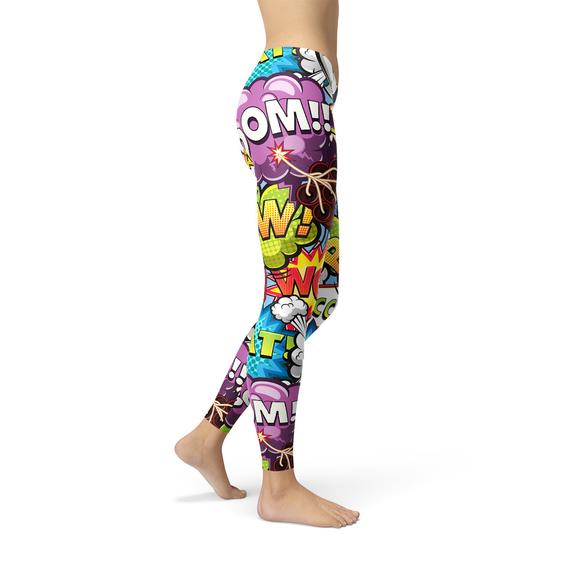 A pair of women's leggings featuring a vibrant comic book explosion design, showcasing their unique style and comfort.