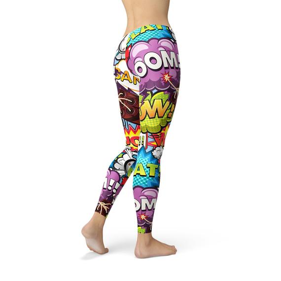 A pair of women's leggings featuring a vibrant comic book explosion design, showcasing their unique style and comfort.