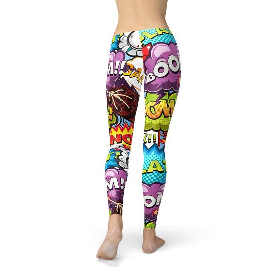 A pair of women's leggings featuring a vibrant comic book explosion design, showcasing their unique style and comfort.