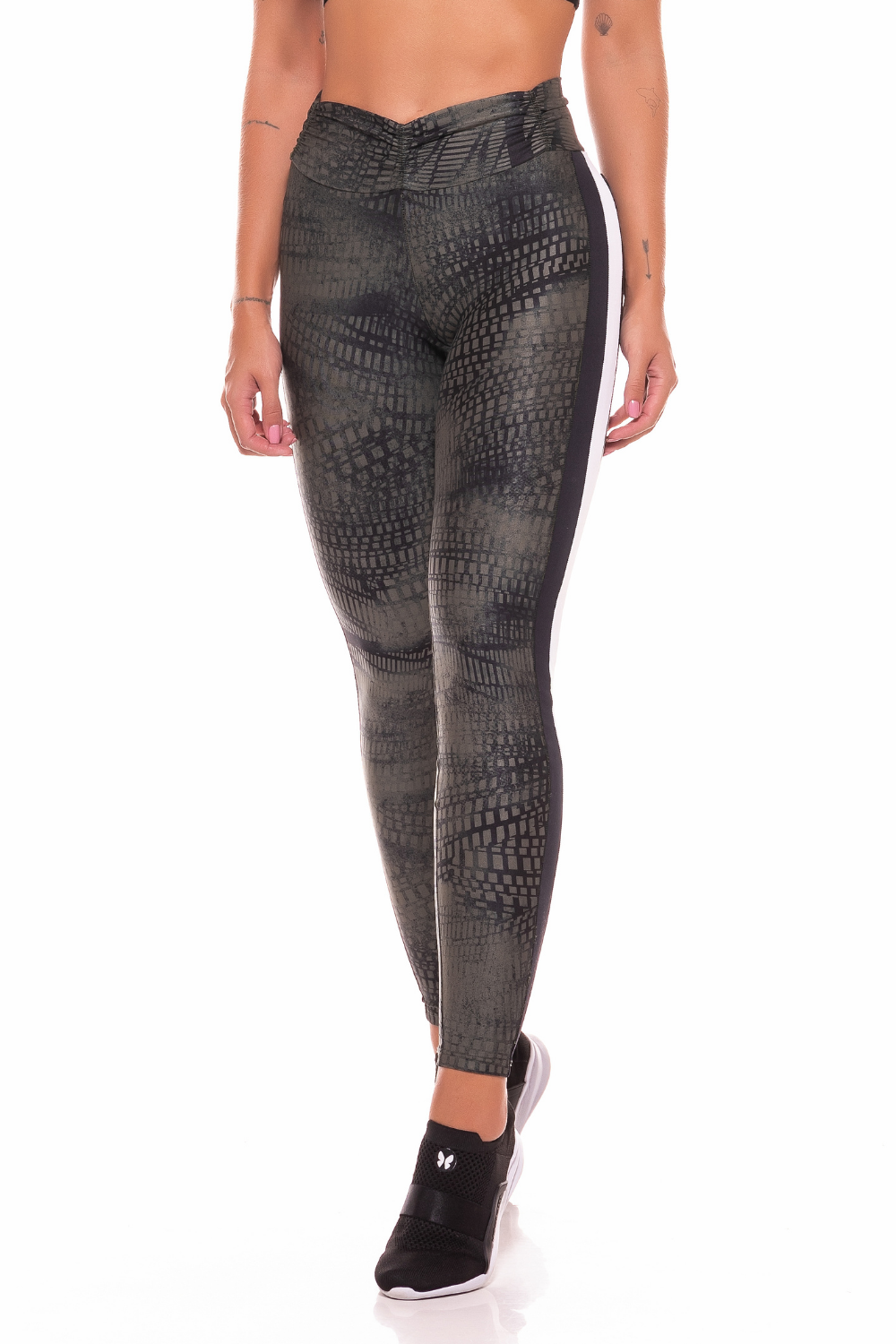 Croc Push Up Legging featuring a unique green and black crocodile print, designed for comfort and style with a draped waistband and back pockets.