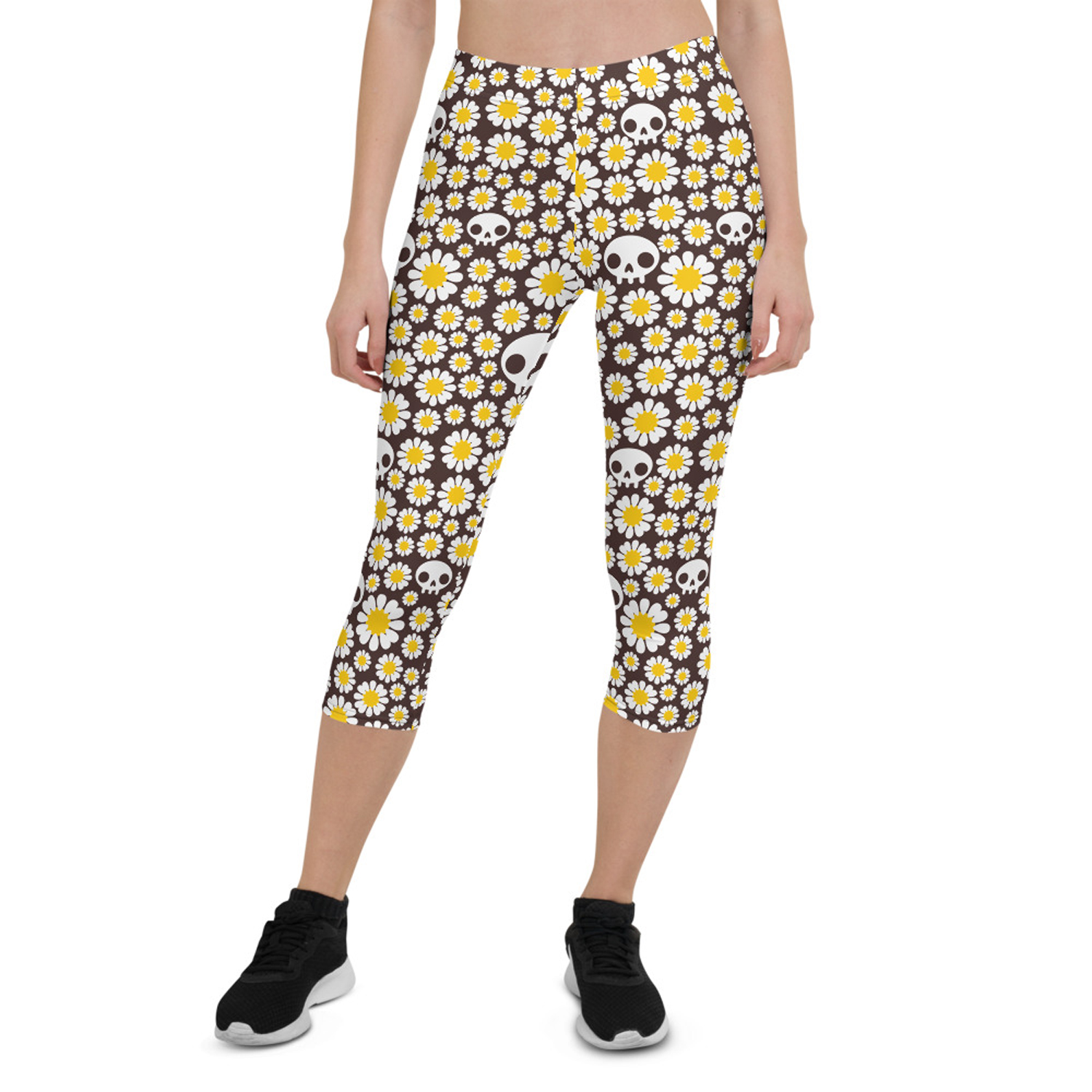 Daisies and Skulls Capri Leggings for Women featuring a vibrant floral and skull design, perfect for workouts and casual wear.