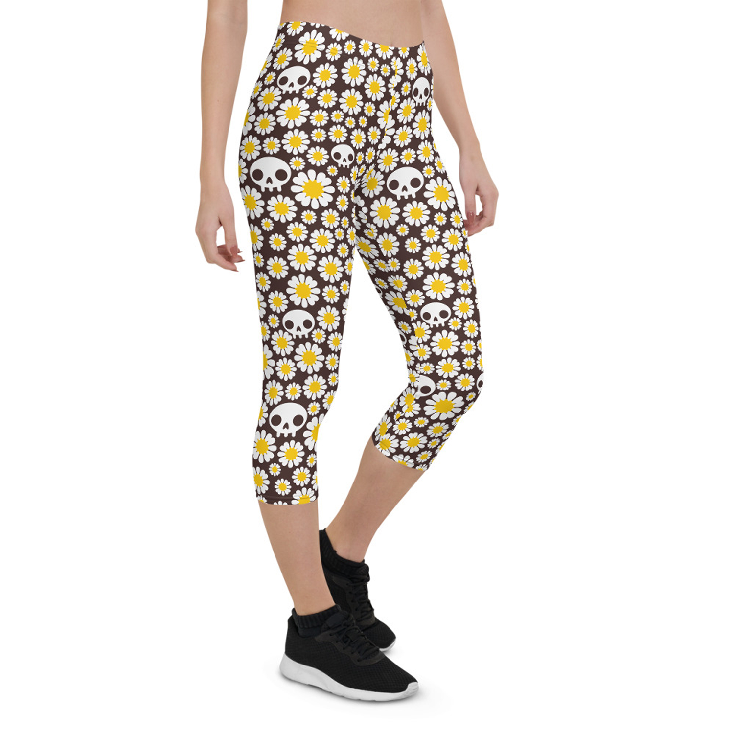 Daisies and Skulls Capri Leggings for Women featuring a vibrant floral and skull design, perfect for workouts and casual wear.