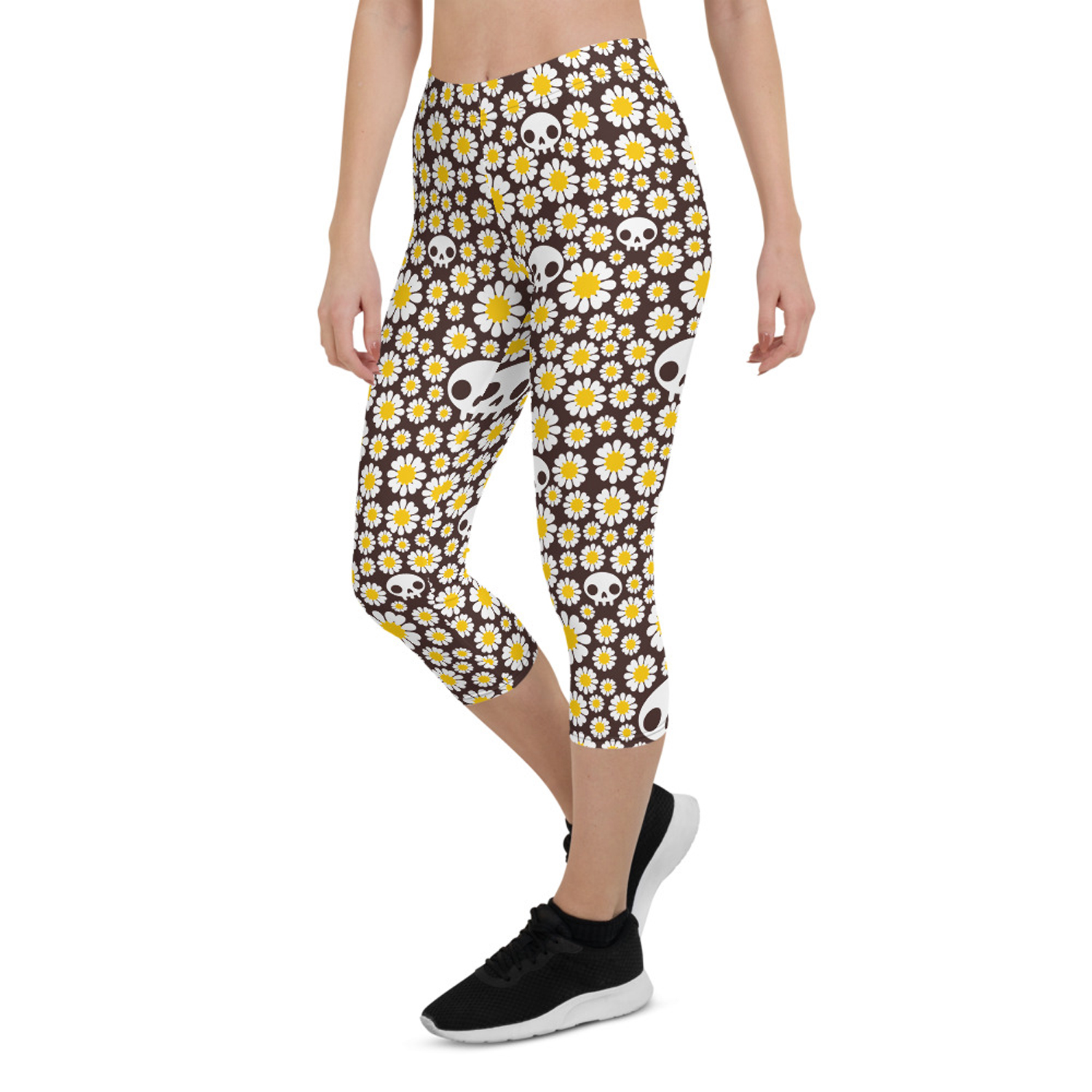 Daisies and Skulls Capri Leggings for Women featuring a vibrant floral and skull design, perfect for workouts and casual wear.