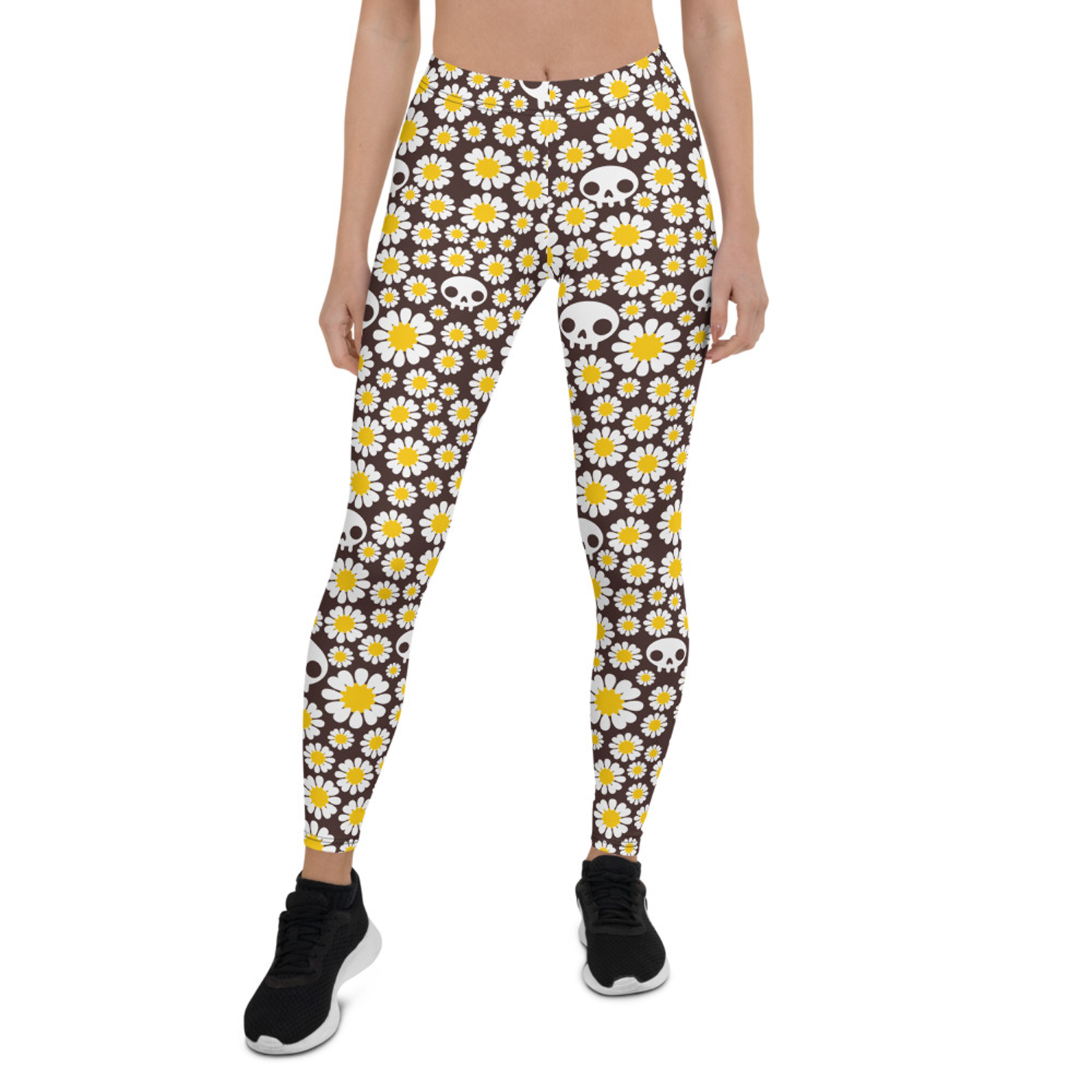 Daisies and Skulls Leggings for Women featuring a vibrant floral and skull design, perfect for workouts and casual wear.