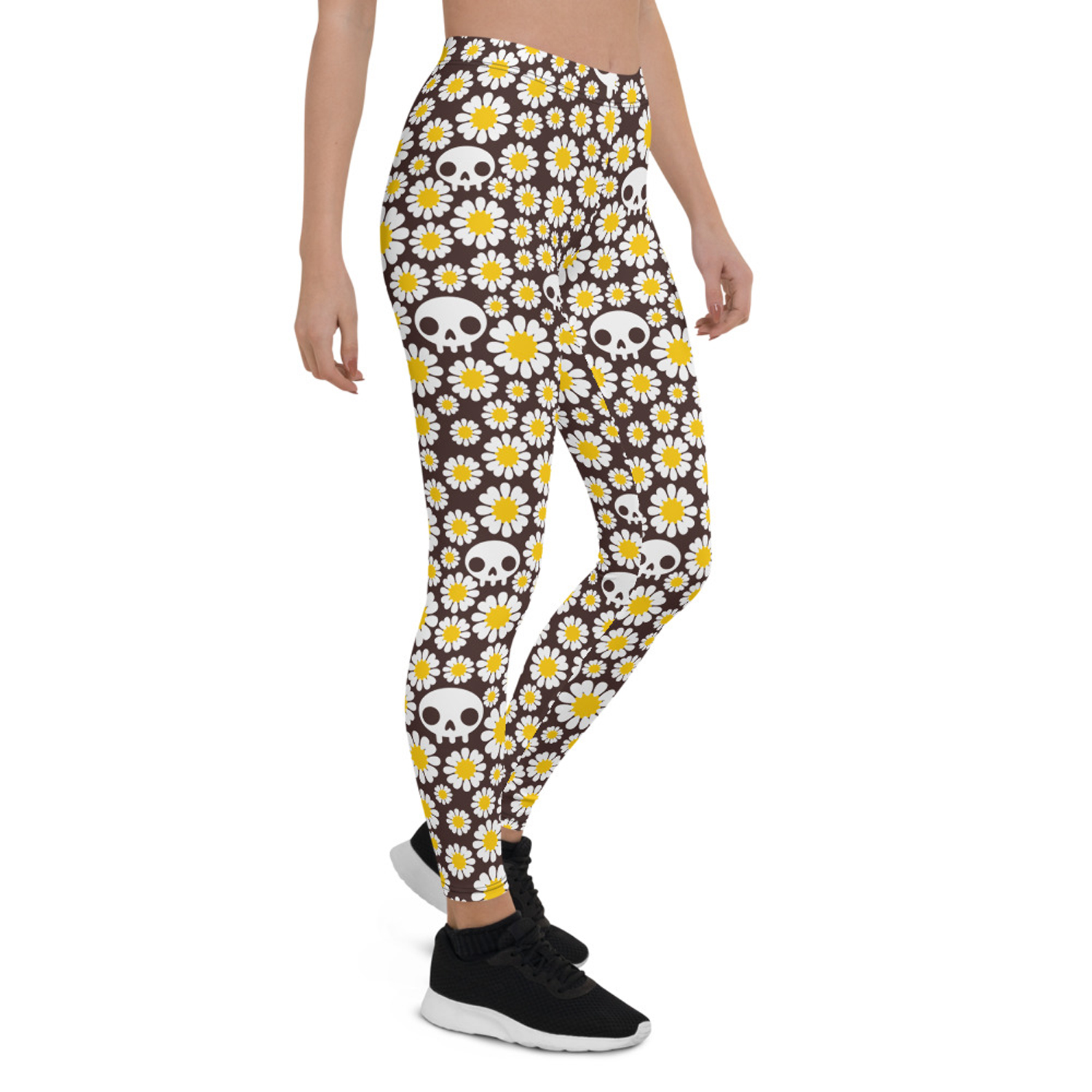 Daisies and Skulls Leggings for Women featuring a vibrant floral and skull design, perfect for workouts and casual wear.