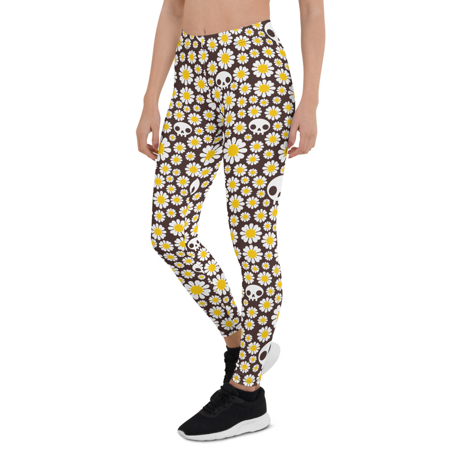 Daisies and Skulls Leggings for Women featuring a vibrant floral and skull design, perfect for workouts and casual wear.