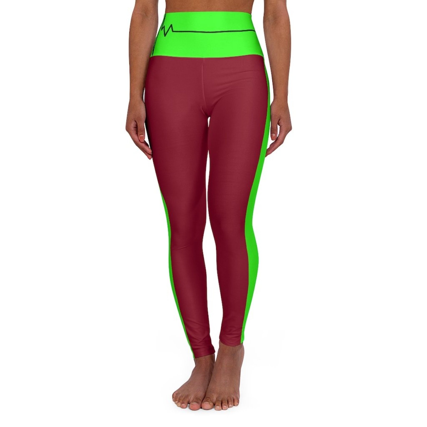 High Waisted Yoga Leggings in Dark Red and Neon Green with a flattering fit and high waistband, perfect for workouts.