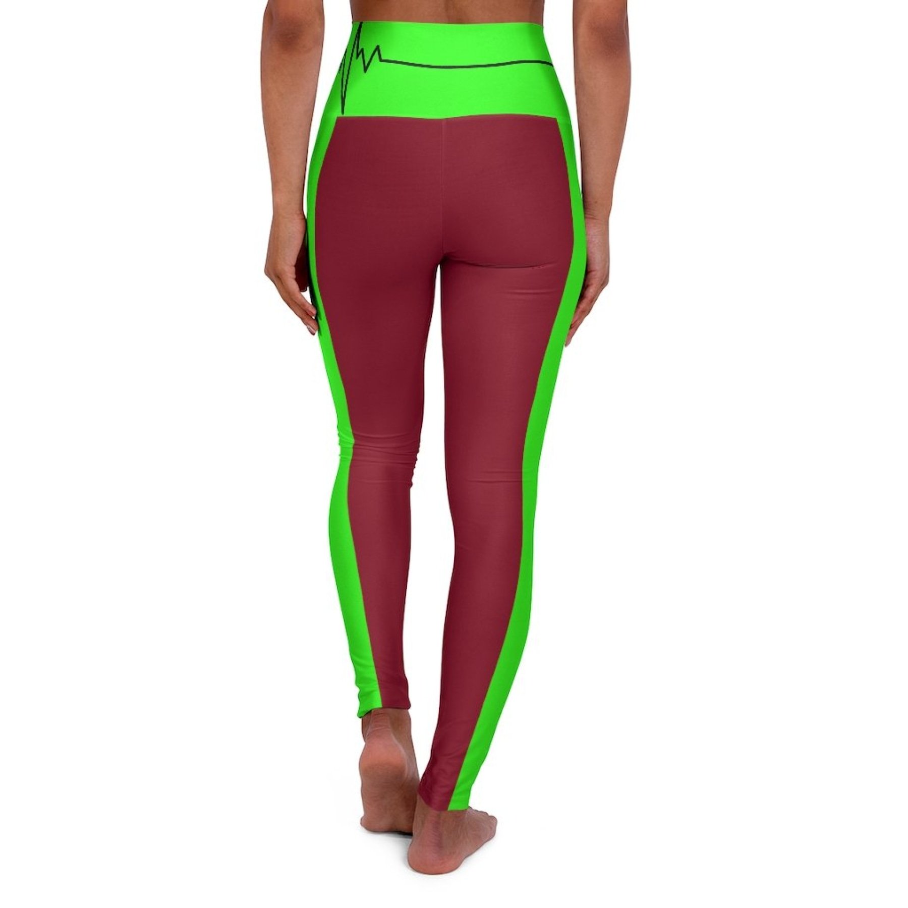 High Waisted Yoga Leggings in Dark Red and Neon Green with a flattering fit and high waistband, perfect for workouts.