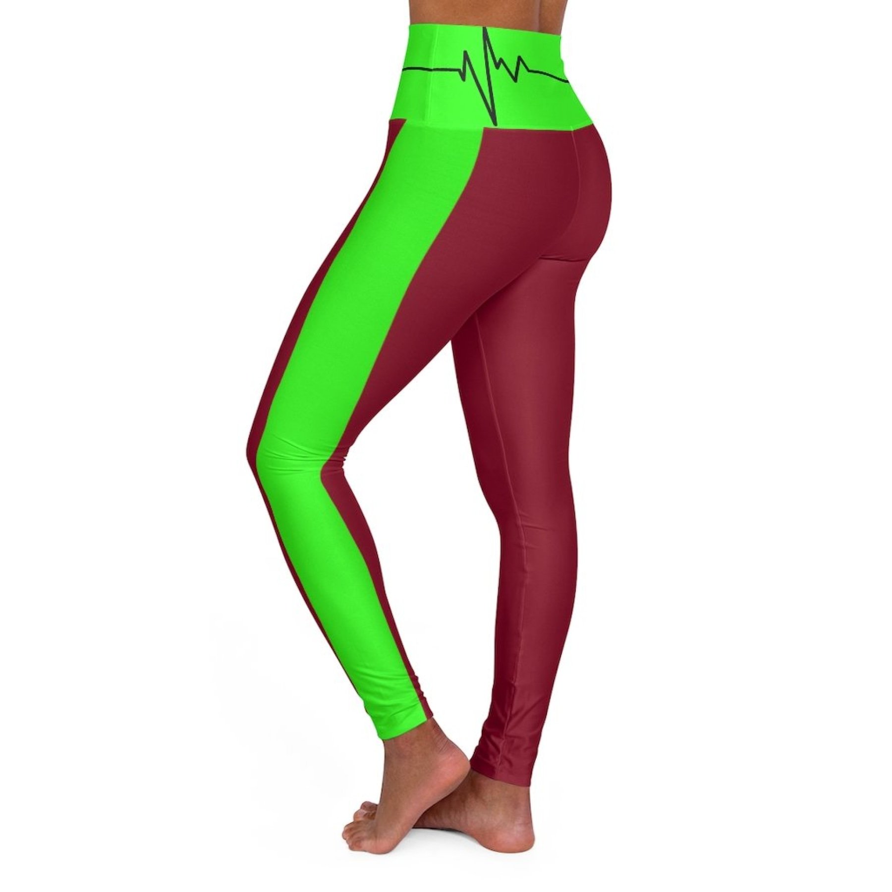 High Waisted Yoga Leggings in Dark Red and Neon Green with a flattering fit and high waistband, perfect for workouts.