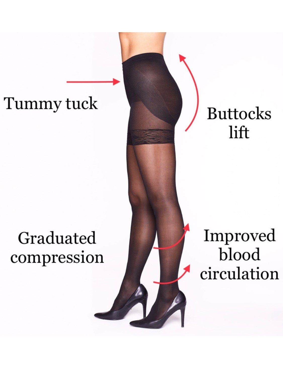 Hosetess Magic Lift shapewear support stockings featuring a shiny finish and broad waistband, designed for comfort and graduated compression.