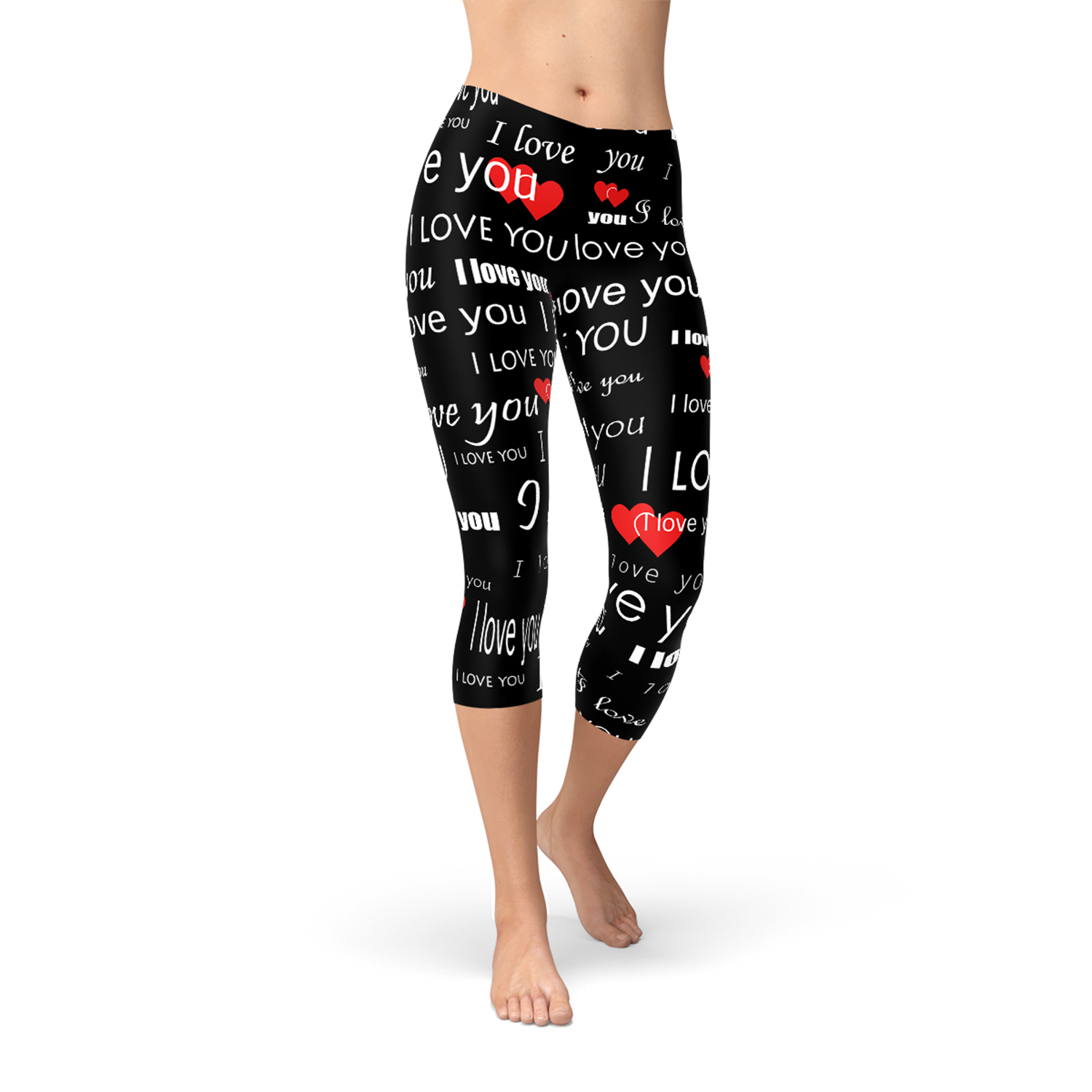 I Love You Black Capri Leggings featuring unique graphic design, perfect for workouts and casual wear.