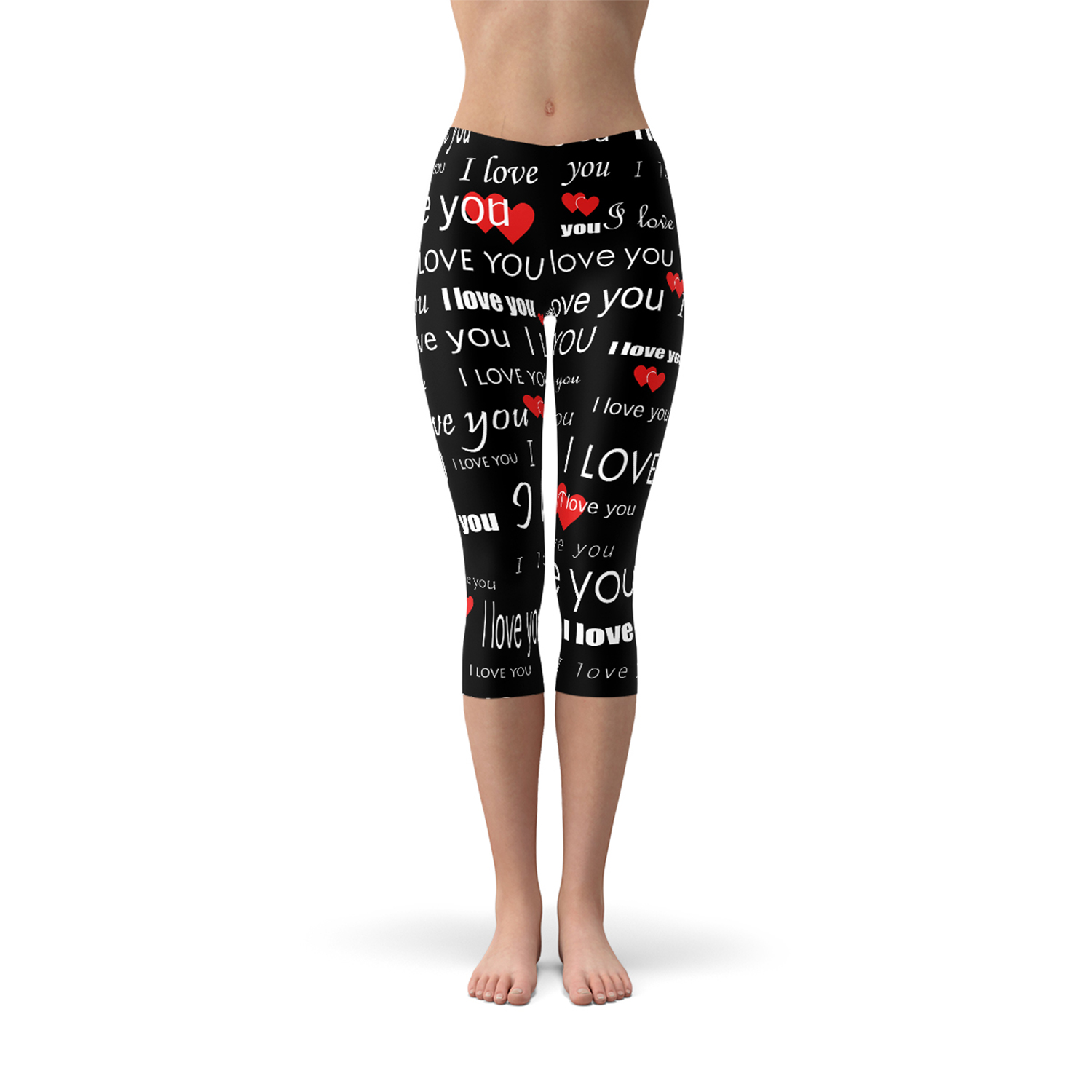 I Love You Black Capri Leggings featuring unique graphic design, perfect for workouts and casual wear.