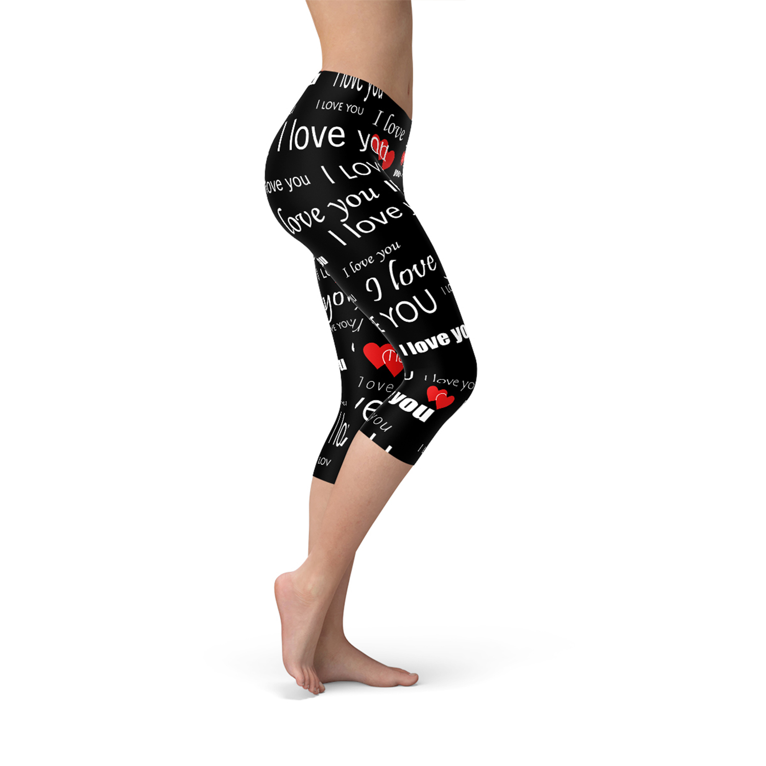 I Love You Black Capri Leggings featuring unique graphic design, perfect for workouts and casual wear.