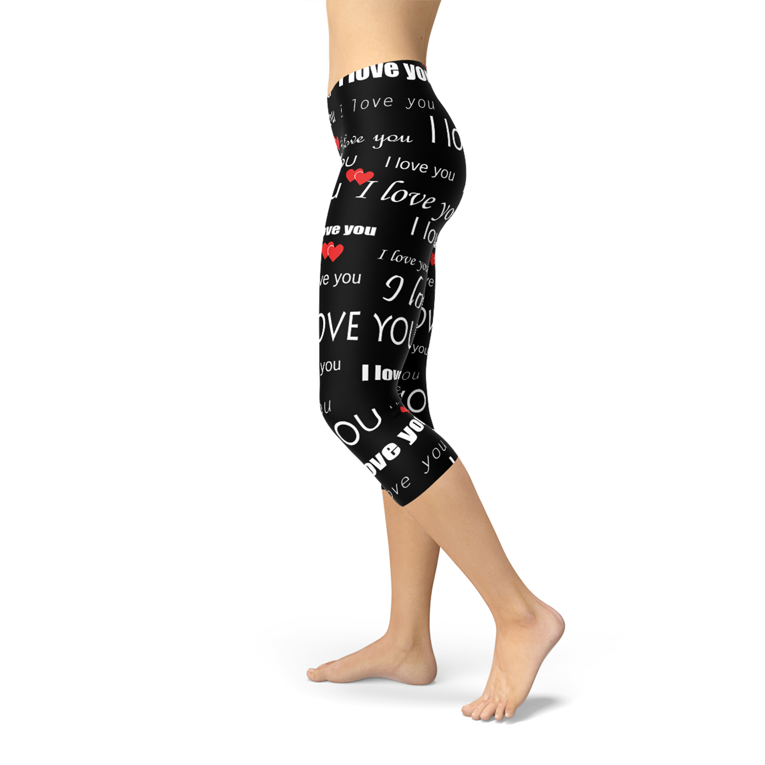 I Love You Black Capri Leggings featuring unique graphic design, perfect for workouts and casual wear.