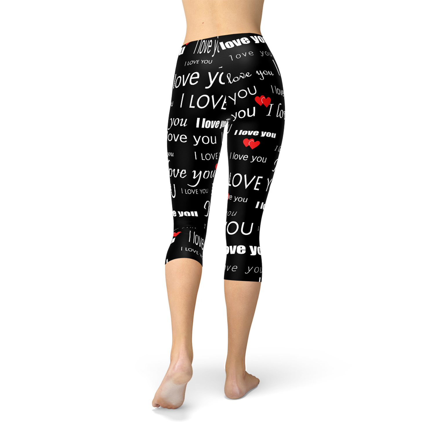 I Love You Black Capri Leggings featuring unique graphic design, perfect for workouts and casual wear.