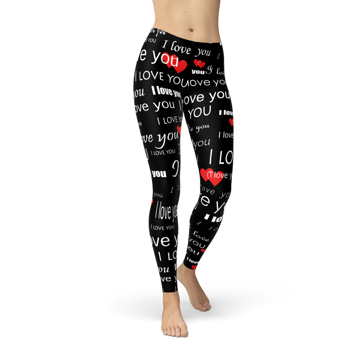 I Love You Black Leggings featuring unique graphic designs, precision cut, and a comfortable fit, perfect for workouts and casual wear.