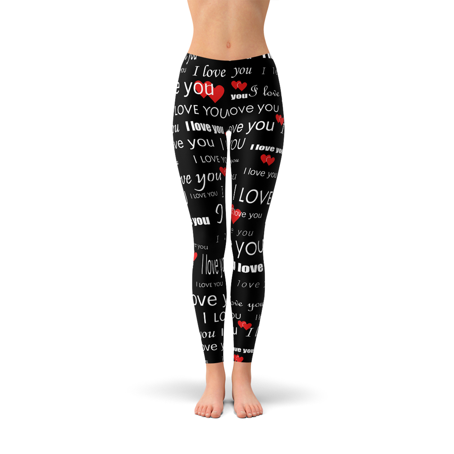 I Love You Black Leggings featuring unique graphic designs, precision cut, and a comfortable fit, perfect for workouts and casual wear.