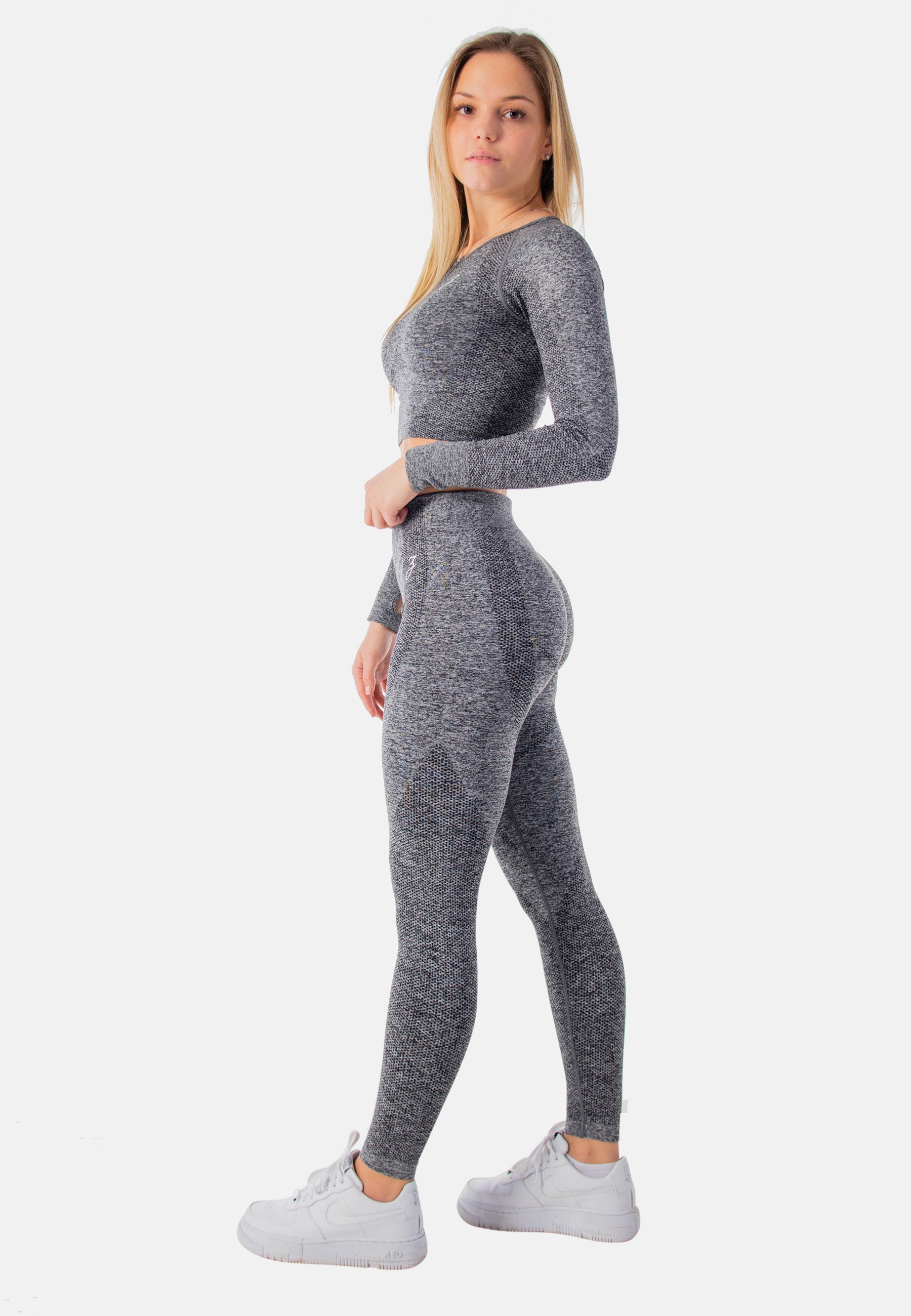 Graue Damen Leggings Dynamic mit hohem Bund, figurbetont und nahtlos verarbeitet, ideal für Sport und Entspannung.