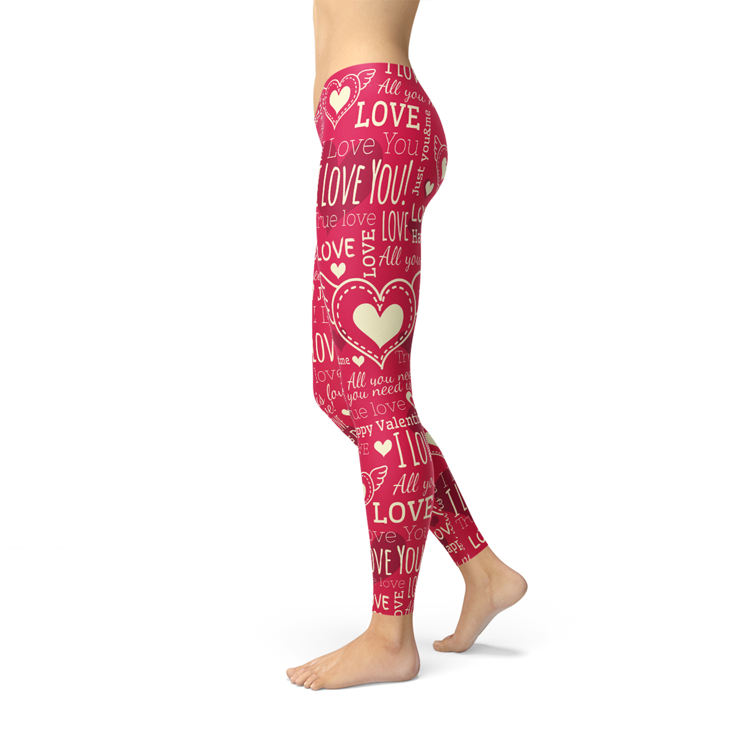 A pair of vibrant red leggings featuring unique heart designs, showcasing their premium quality and stylish look, perfect for workouts and casual wear.