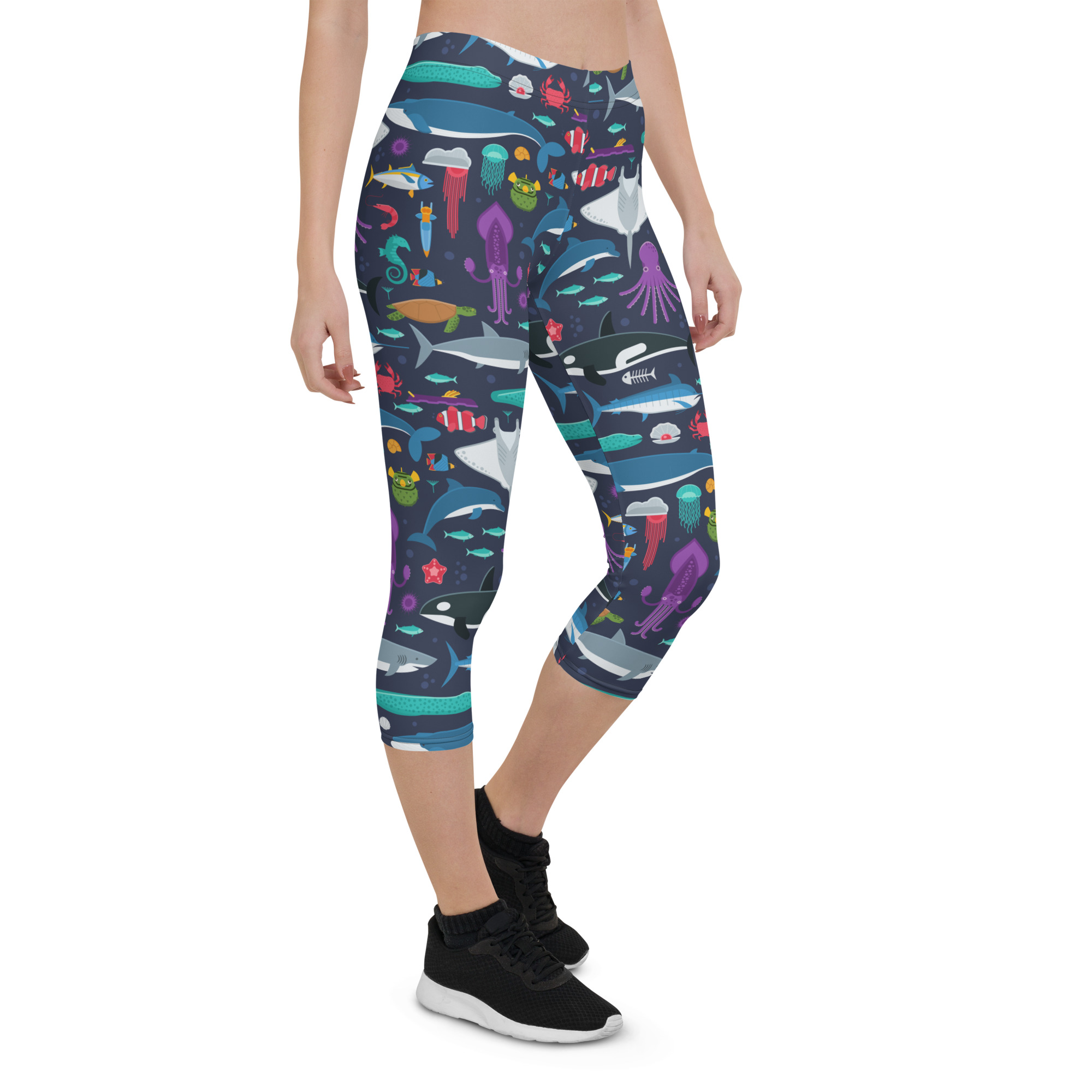 Marine Life Capri Leggings for Women featuring colorful marine-themed designs, perfect for workouts and casual wear.