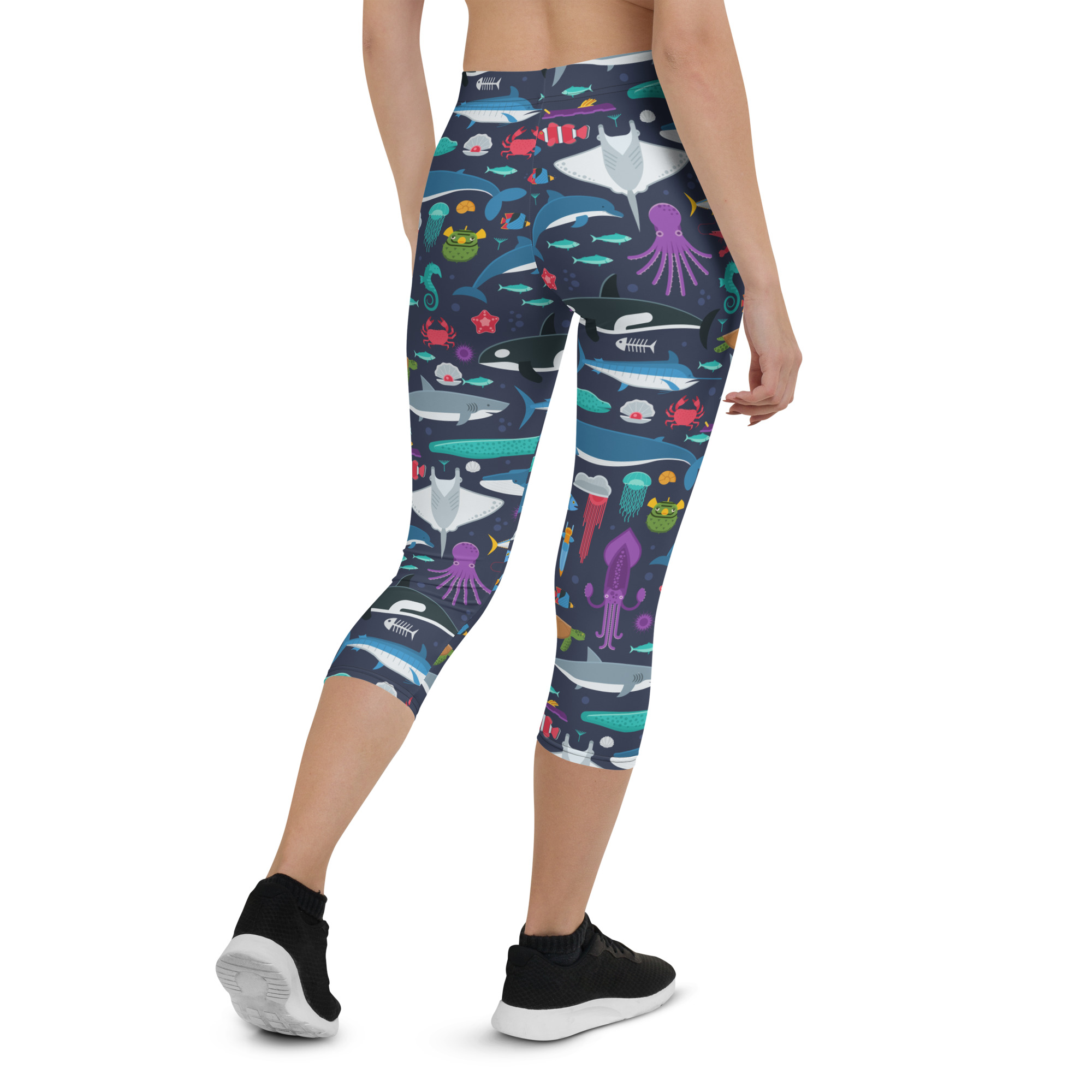 Marine Life Capri Leggings for Women featuring colorful marine-themed designs, perfect for workouts and casual wear.