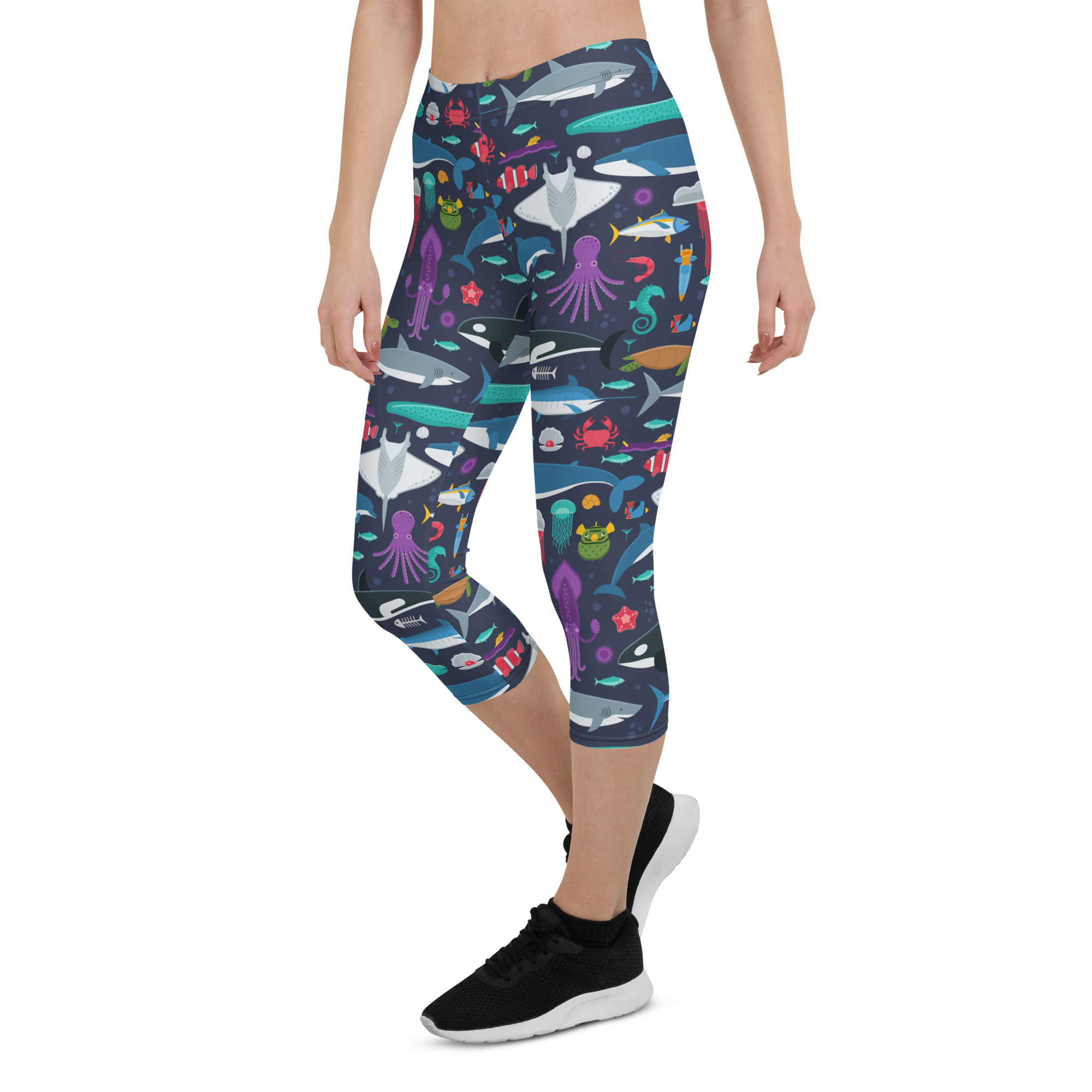 Marine Life Capri Leggings for Women featuring colorful marine-themed designs, perfect for workouts and casual wear.