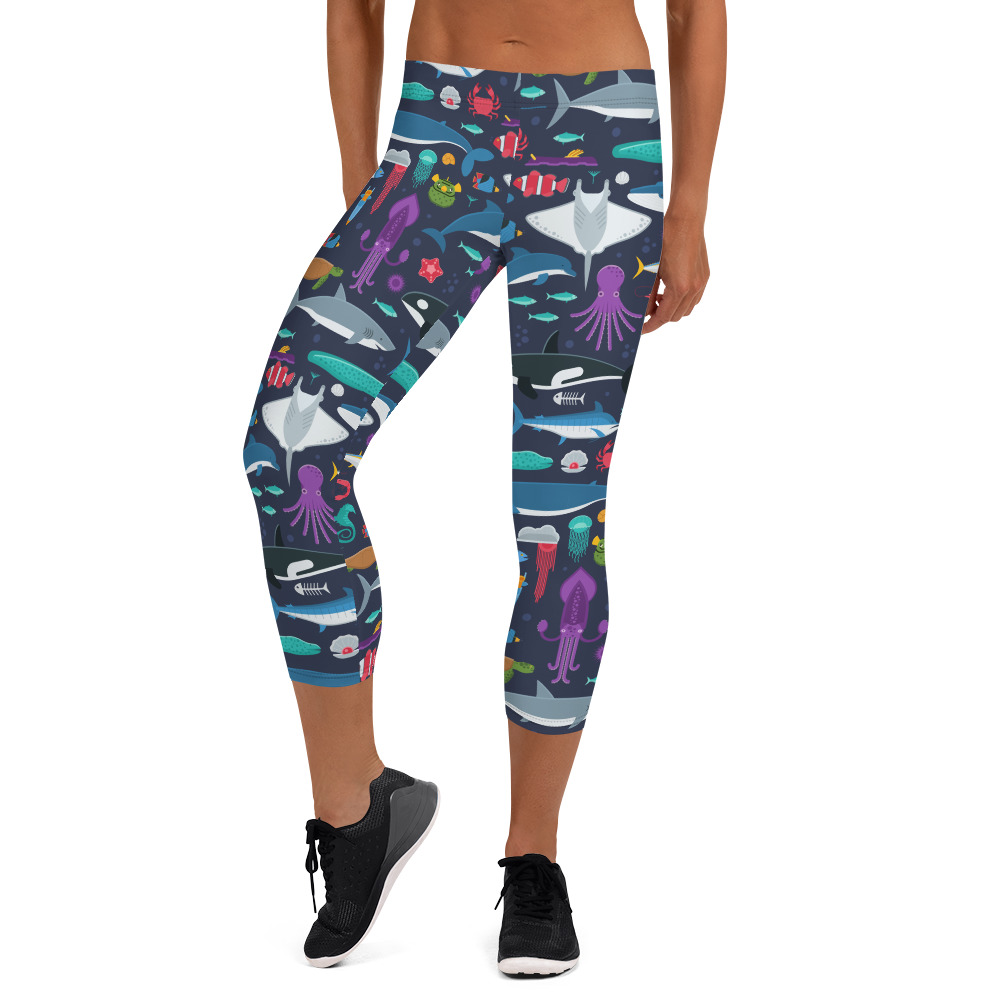 Marine Life Capri Leggings for Women featuring colorful marine-themed designs, perfect for workouts and casual wear.