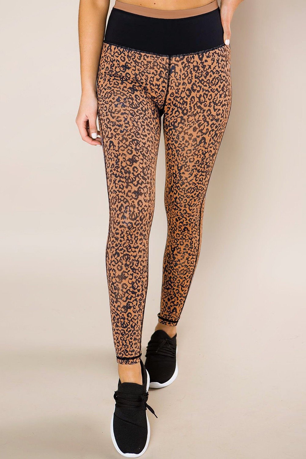 Mocha leopard print active yoga leggings with wide waistband, designed for comfort and style during workouts.