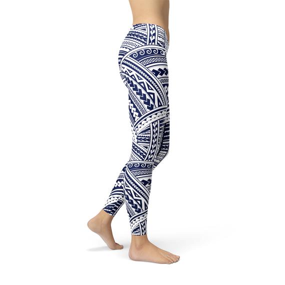 A pair of Polynesian Maori Tattoo Leggings featuring vibrant, intricate tattoo designs, showcasing their full-length style and stretchy fabric.