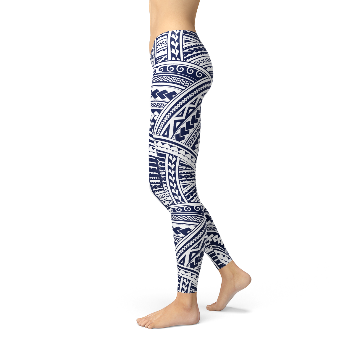 A pair of Polynesian Maori Tattoo Leggings featuring vibrant, intricate tattoo designs, showcasing their full-length style and stretchy fabric.